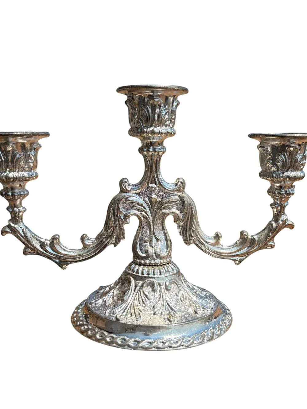 Ornate Silver Three-Arm Candelabra Decorative Centerpiece